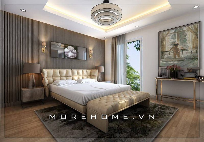 Giường ngủ bọc da khung gỗ công nghiệp đầy sang trọng, đầu giường được thiết kế cách đạo tạo cảm giác thoải mái và sang trọng cho căn phòng ngủ